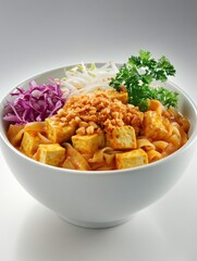 A bowl of noodles topped with tofu, vegetables, and crushed peanuts, showcasing a vibrant meal.