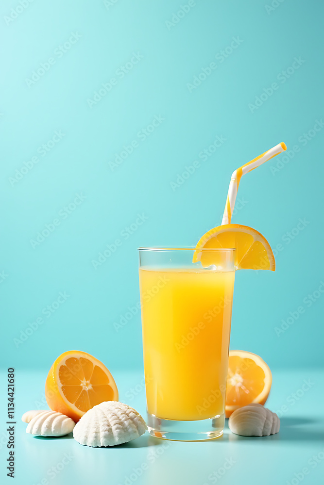 Poster a refreshing summer concept features orange juice and a set of shells placed on a serene blue colore