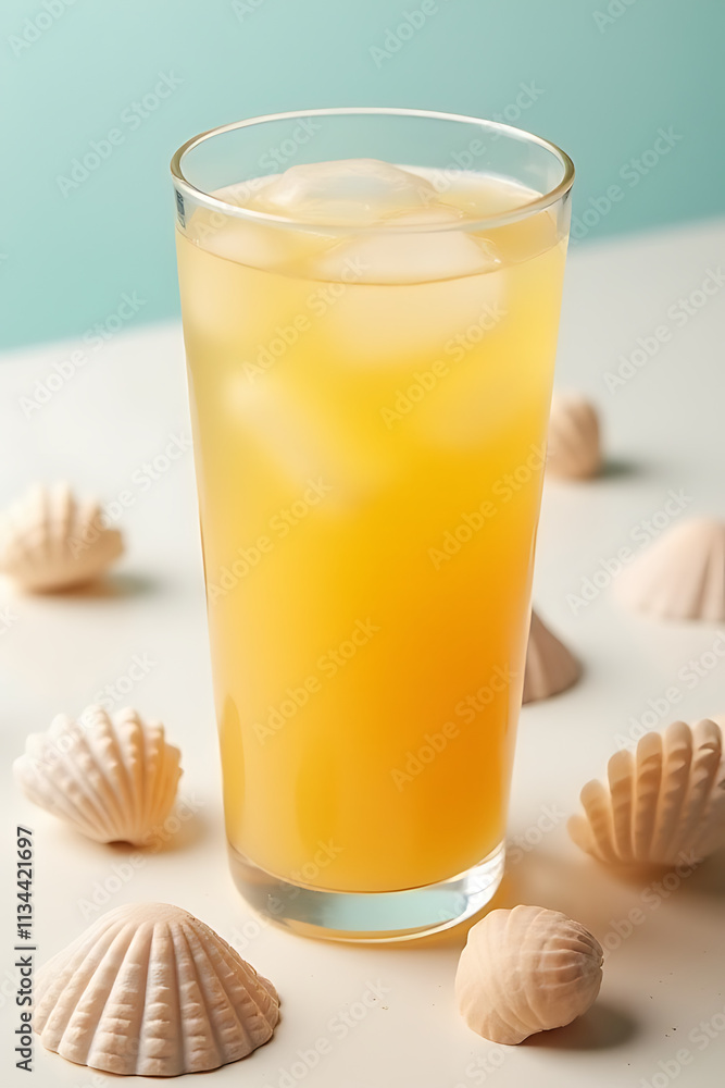Poster a refreshing summer concept that combines the simplicity of apple juice with a set of decorative sea