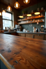 A rustic wood textured counter bar with a blurred cafe and kitchen setting in the background._00001_