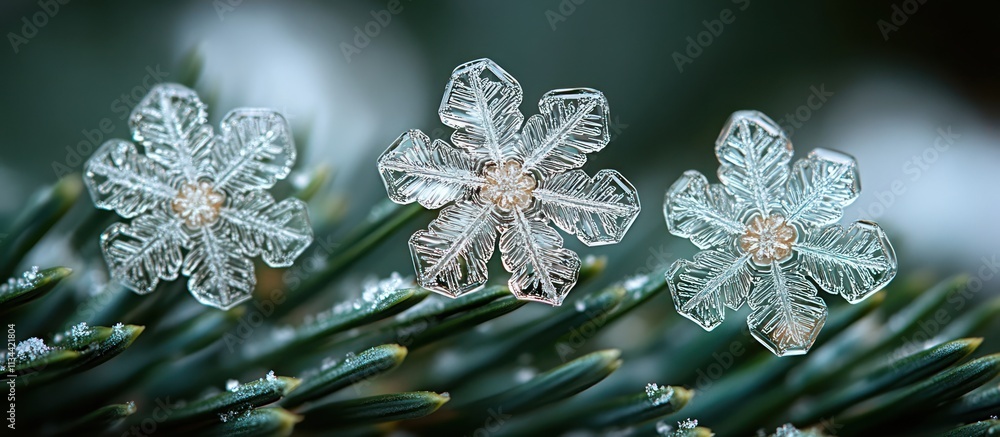 Poster three delicate snowflakes rest on a pine branch.
