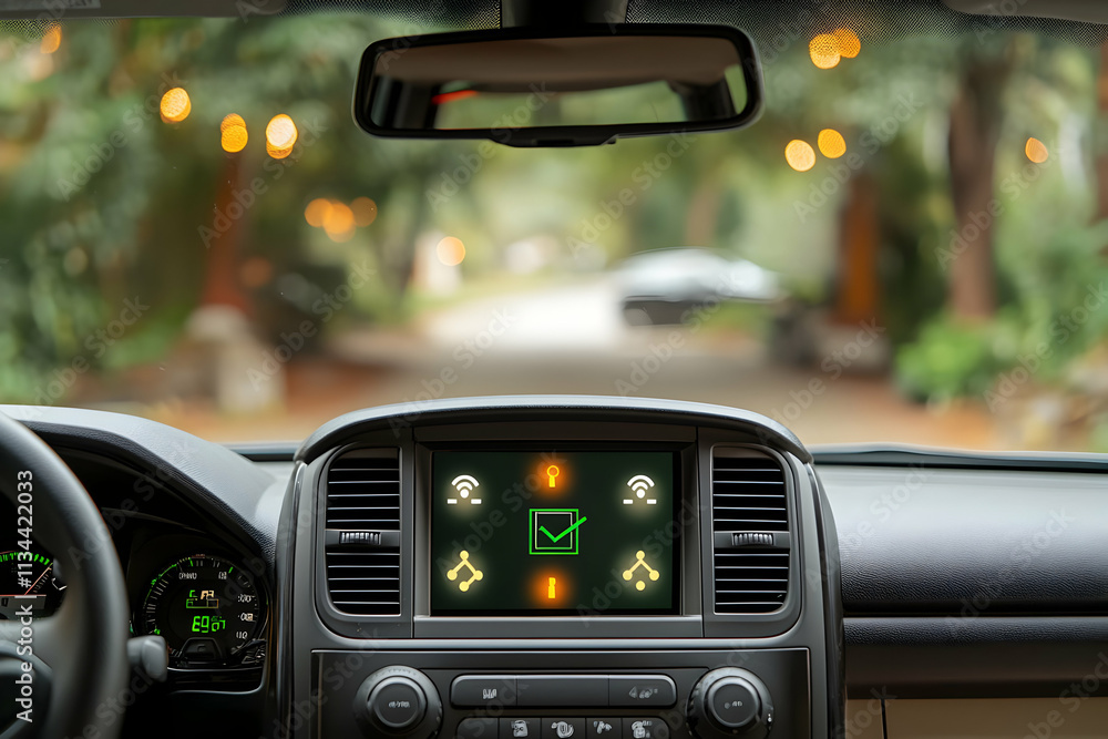 Poster car dashboard displaying safety features on screen.