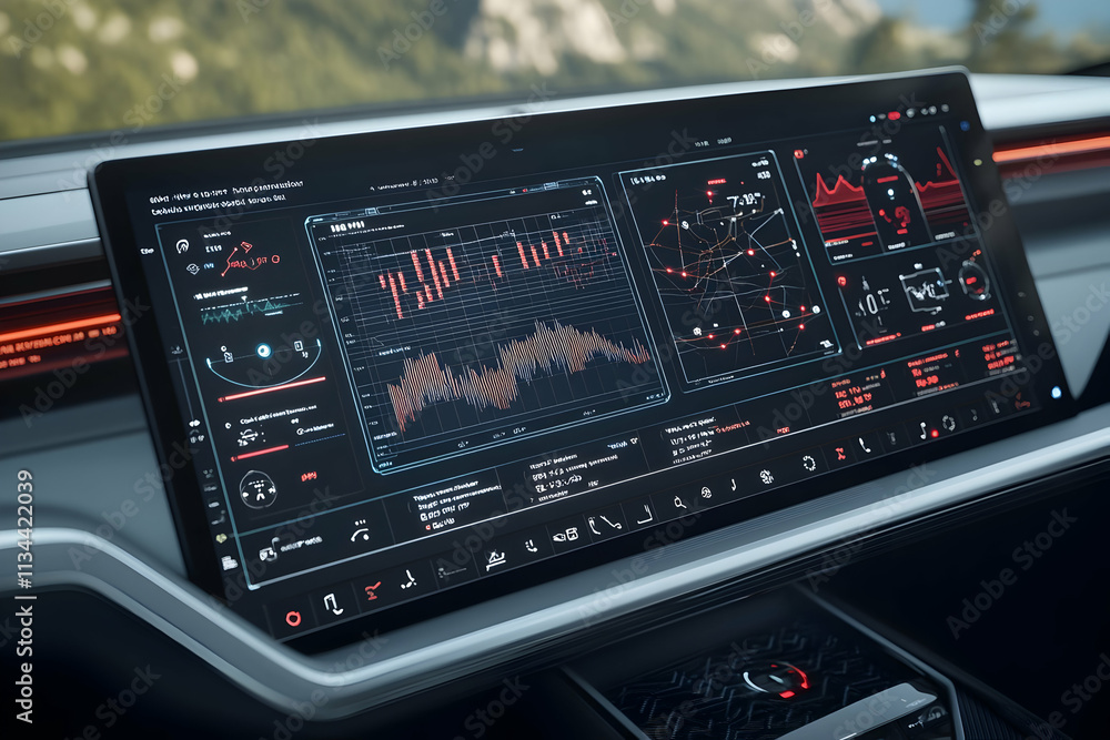 Poster car dashboard displaying data analytics.