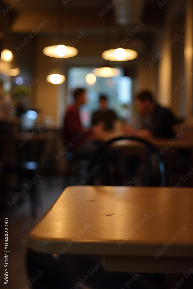 Aufkleber A plain wooden table stands out against a dimly lit background of a busy cafe atmosphere with few patrons present._00002_