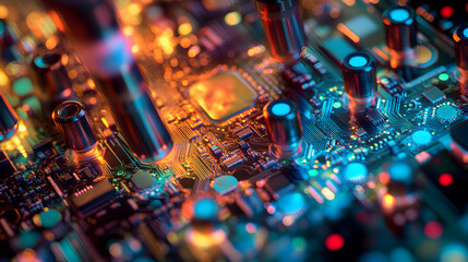 Colorful Circuit Board Under Microscope with Glowing Elements and Advanced Electronic Components