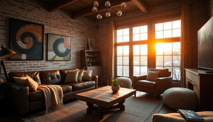 Fototapeta premium A cozy living room with brick walls, large windows, and a wooden coffee table in the center, illuminated by warm lighting and featuring artwork and a potted plant.