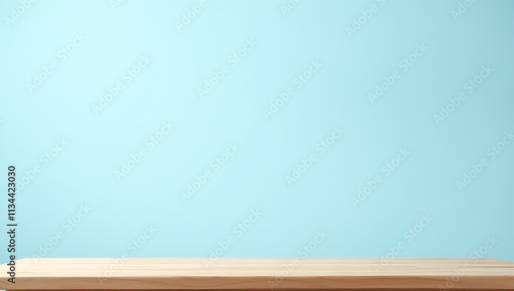 Aufkleber A minimalist wooden table top on a serene blue sky background is ideal for product displays and design visuals._00002_
