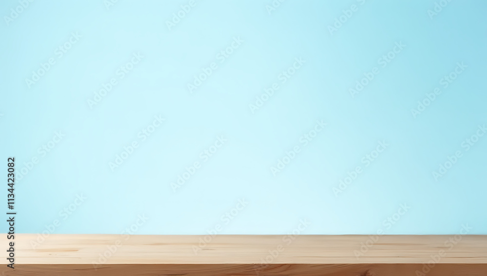 Poster a minimalist wooden table top on a serene blue sky background is ideal for product displays and desi