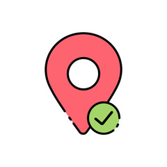icon location pin and checkmark can be used for travel guides, navigation apps, icons, or websites related to confirmation.Isolated white background editable,eps 10
