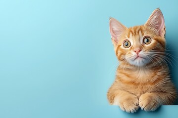 Whimsical close-up of a playful ginger cat against a blue studio background