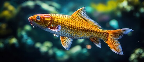 Naklejka premium Vibrant orange Koi fish swims in dark blue water.