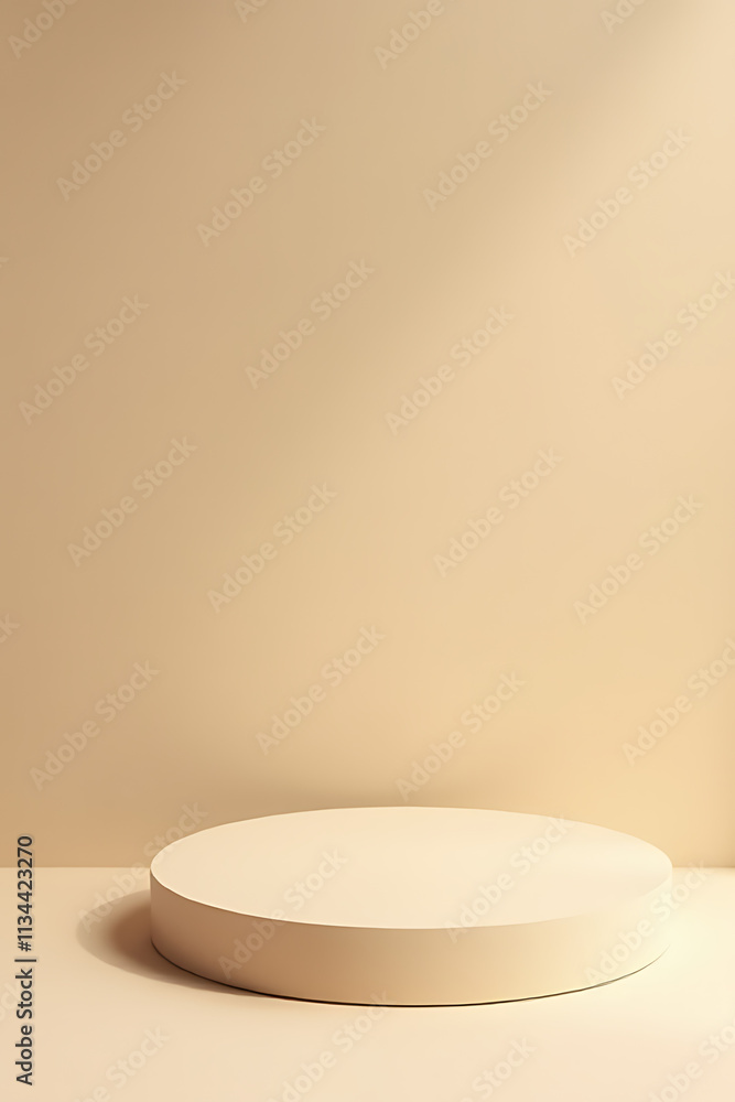 Poster a minimalist sandstone product display platform is shown on a plain beige colored background with pl