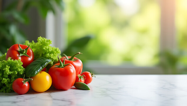 A marble table features a blurred mix of vegetables in a vibrant color scheme and plenty of space for healthy eating ideas._00002_
