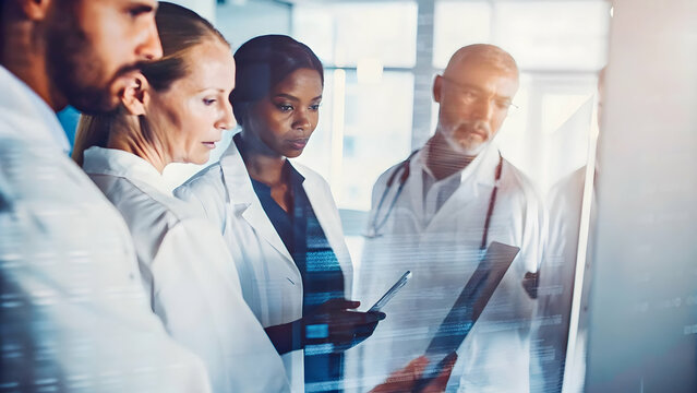 Healthcare Team Analyzing AI Medical Reports for Collaborative Decision Making in Modern Clinic