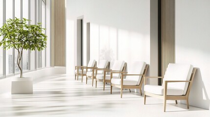 Fototapeta premium Bright Contemporary Hospital Corridor with Minimalist Seating Design