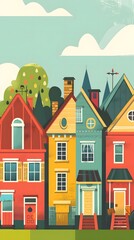 Cute Colorful Houses Illustration with Green Grass