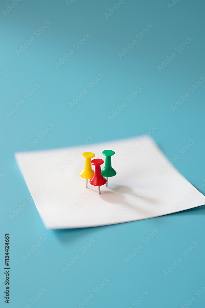 Poster a group of a pin and a thumbtack sit on a small piece of blank notepaper on a blue desk surface._000