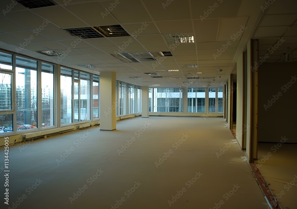 Poster empty office space with large windows and suspended ceiling