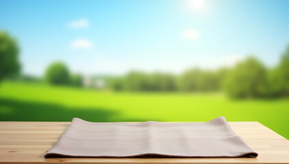 A fabric placemat is placed on a wooden table in a blurred outdoor scene with a blue sky and green meadow._00001_