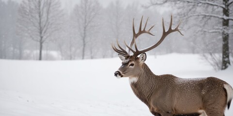 Obraz premium A deer with antlers is standing in the snow