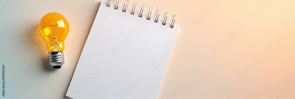 Poster A creative workspace featuring a lightbulb and notepad on a soft pastel colored background in a flat lay design setup._00002_