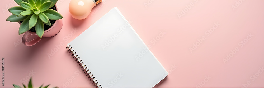 Poster A creative workspace featuring a lightbulb and notepad on a soft pastel colored background in a flat lay design setup._00001_