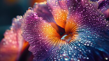 A stunning macro of a pansy flower with dew drops enhancing its colorful and delicate petals