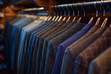 Fototapeta premium A collection of suits on hangers in a store.