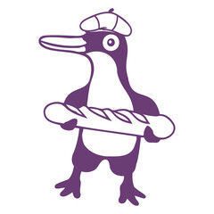 Penguin French Baguette Travel Paris France Sweet Design Lover Art Vector Illustration Card T-Shirt Poster Sticker Graphic Print Decorative Drawing Isolated Logo Decoration Symbol Creative Cool Style