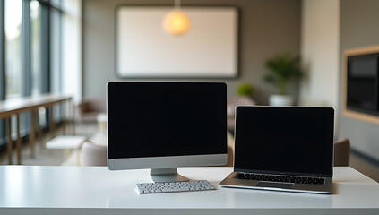 Fototapeta premium A computer and laptop sit side by side on a blurred background in a modern contemporary style interior setting._00001_