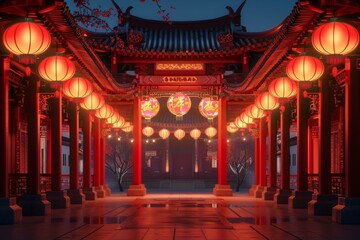 Obraz premium Chinese courtyard with red lanterns during Spring Festival