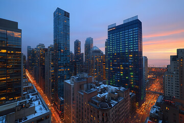 Obraz premium City skyline at dawn, high-angle view of skyscrapers and streets with traffic.