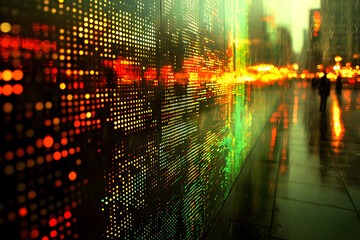 City street at night reflecting vibrant data display.