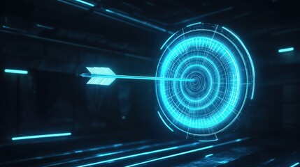 A 3D digital target in neon blue, suspended in a dark futuristic environment, with a glowing arrow effortlessly finding its mark in the center. 