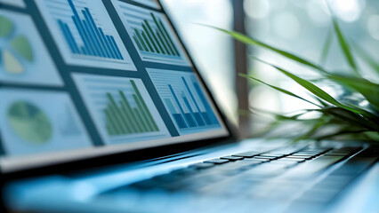 Close-Up Laptop Screen Displaying Eco-Friendly Financial Dashboard with Green Analytics for Digital Sustainability in Finance