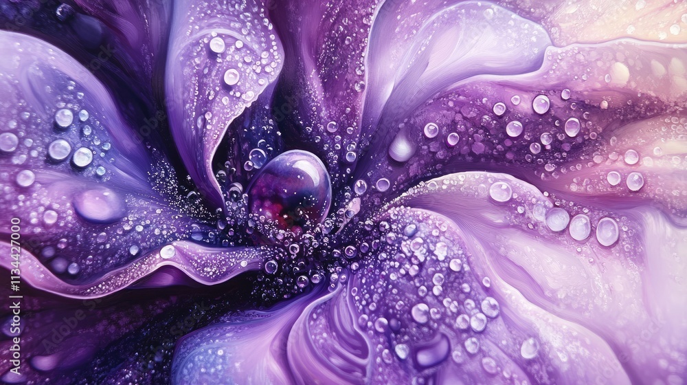 Poster a close-up of a purple iris with tiny dew drops creating a mesmerizing sparkle, perfect for wall art