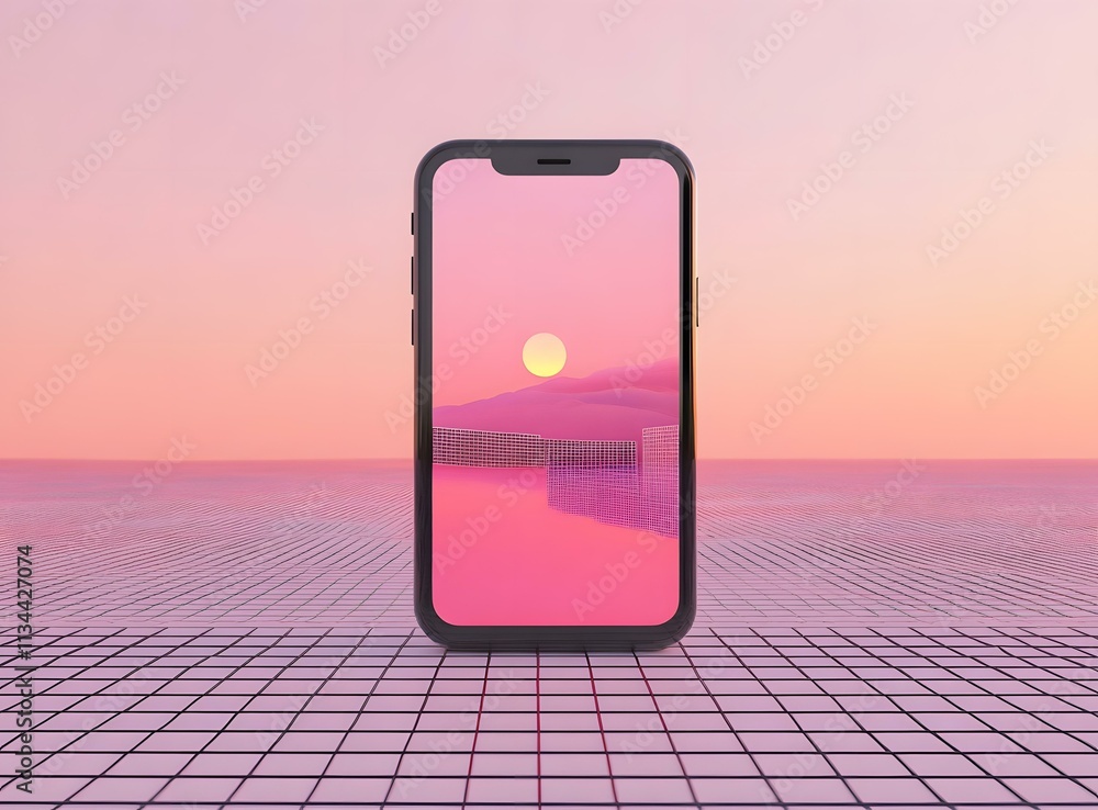 Poster sunset view on smartphone screen with pink grid background