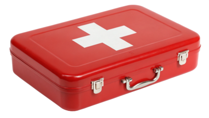 A striking red medical kit with a bold white cross symbol on its front on transparent background (2)
