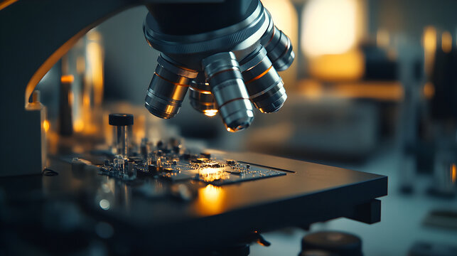 Microscope Inspecting a Circuit Board with Tiny Components Under Precision Lighting in Technology Lab