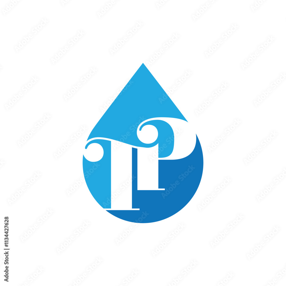 Poster this is a logo design of a water drop shape with initial letter tp in blue color in simple flat styl