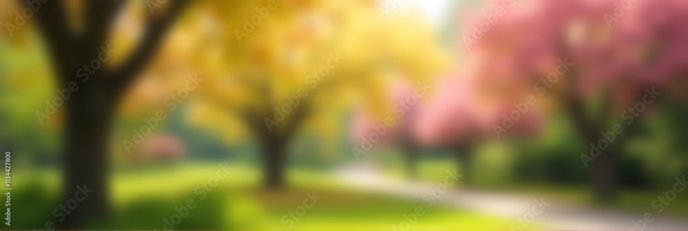 Poster a blurred bokeh of a tree garden with vibrant colors in spring or summer creates a serene natural se