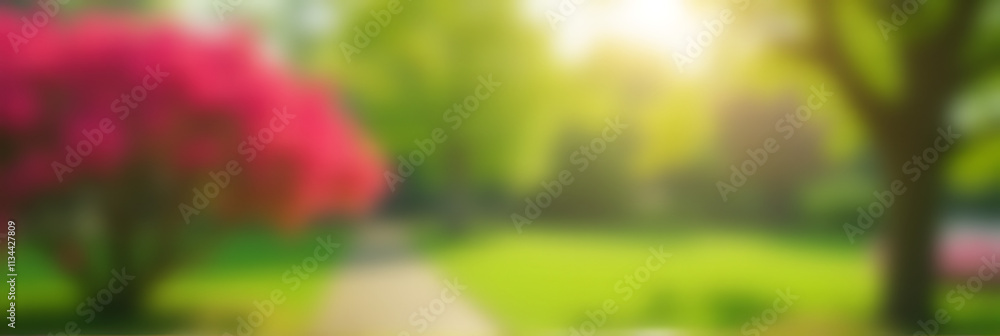 Poster a blurred bokeh of a tree garden with vibrant colors in spring or summer creates a serene natural se
