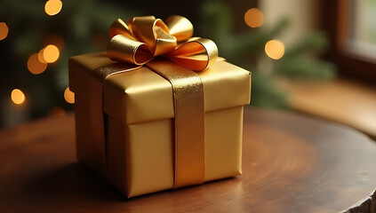 A beautifully decorated gold gift box sits on a wooden table, symbolizing Christmas, New Year, and anniversary celebrations._00002_