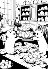 Two cats lay eggs on the table for Easter
