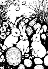 Three hares with Easter eggs in the garden
