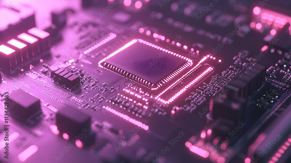 Poster close-up of a computer processor illuminated with pink light.