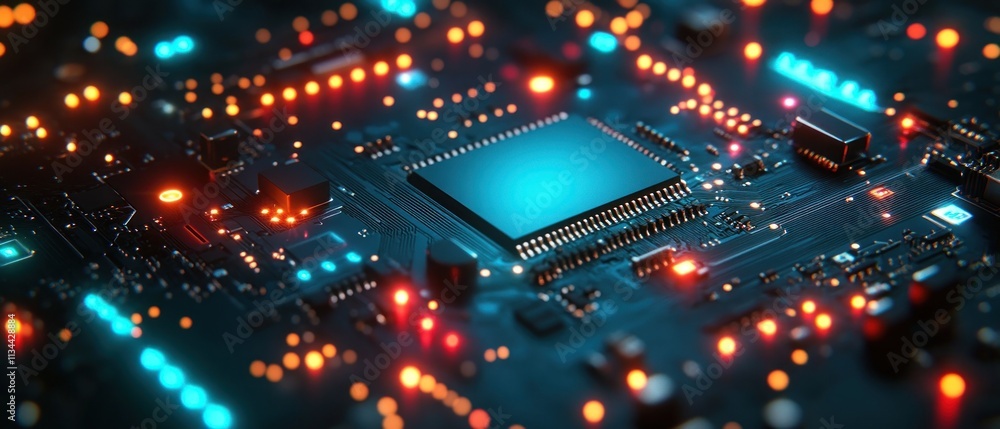 Poster closeup of a circuit board with glowing components