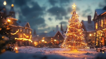 A glass Christmas tree standing in a snowy town square glowing with warm light