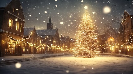 Fototapeta premium A glass Christmas tree standing in a snowy town square glowing with warm light