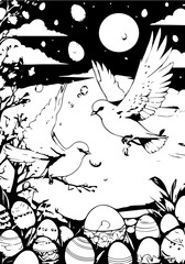 Birds carry Easter eggs across the sky
